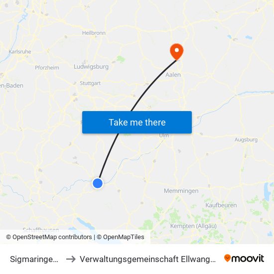 Sigmaringendorf to Verwaltungsgemeinschaft Ellwangen (Jagst) map