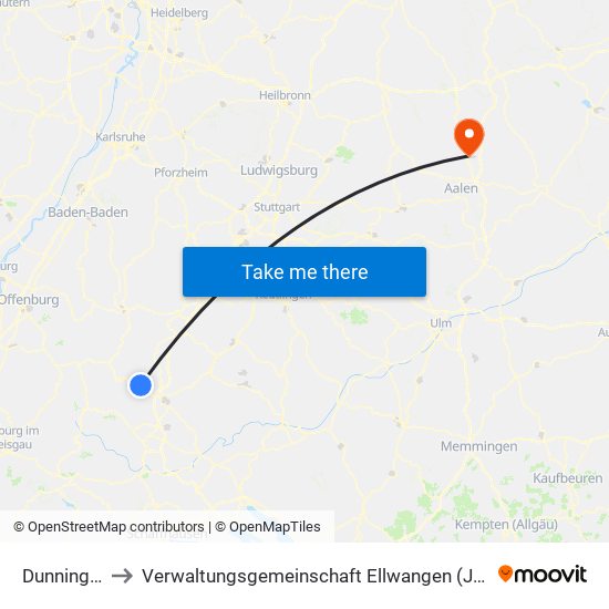 Dunningen to Verwaltungsgemeinschaft Ellwangen (Jagst) map