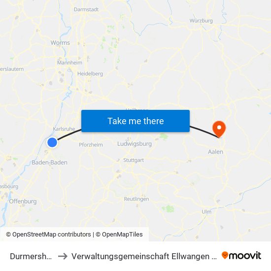 Durmersheim to Verwaltungsgemeinschaft Ellwangen (Jagst) map