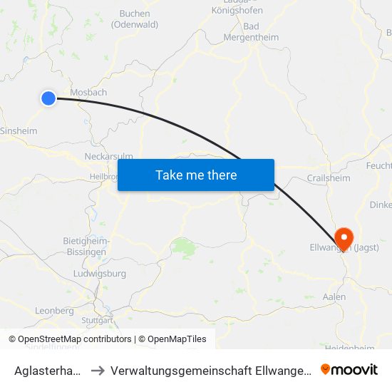 Aglasterhausen to Verwaltungsgemeinschaft Ellwangen (Jagst) map
