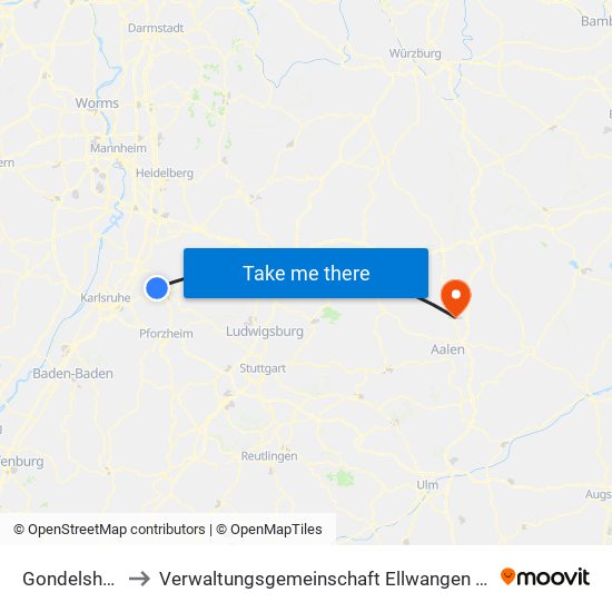 Gondelsheim to Verwaltungsgemeinschaft Ellwangen (Jagst) map