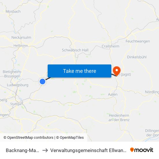 Backnang-Maubach to Verwaltungsgemeinschaft Ellwangen (Jagst) map