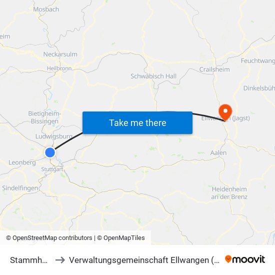 Stammheim to Verwaltungsgemeinschaft Ellwangen (Jagst) map