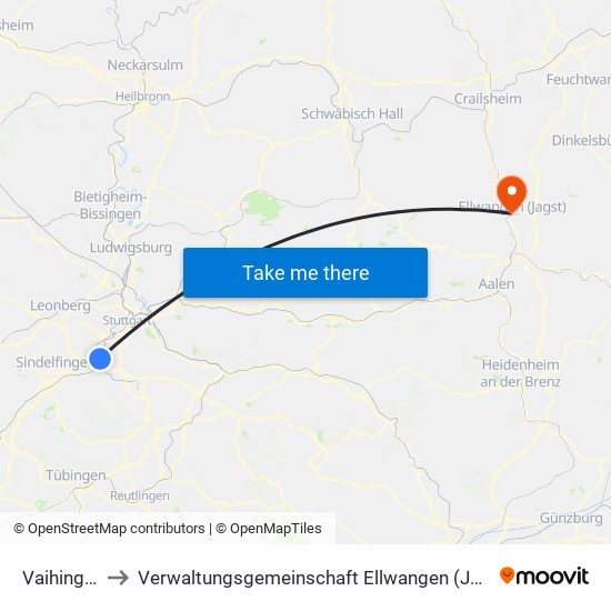 Vaihingen to Verwaltungsgemeinschaft Ellwangen (Jagst) map