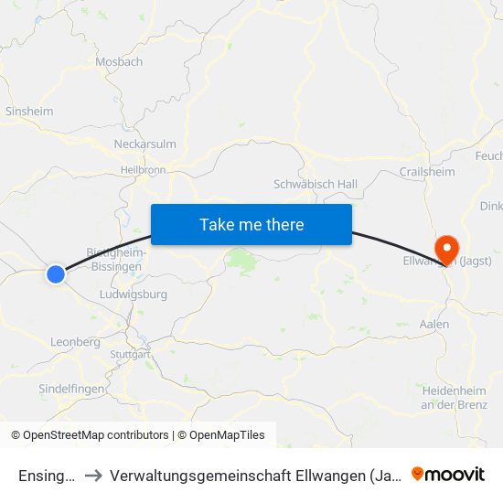 Ensingen to Verwaltungsgemeinschaft Ellwangen (Jagst) map