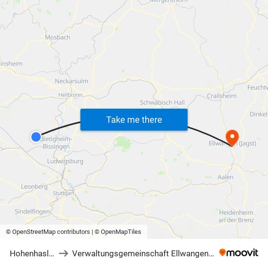 Hohenhaslach to Verwaltungsgemeinschaft Ellwangen (Jagst) map