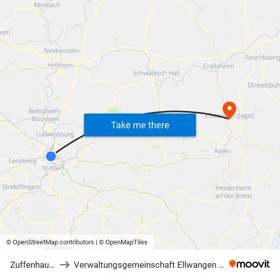 Zuffenhausen to Verwaltungsgemeinschaft Ellwangen (Jagst) map