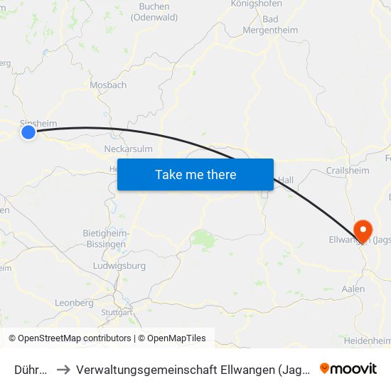Dühren to Verwaltungsgemeinschaft Ellwangen (Jagst) map