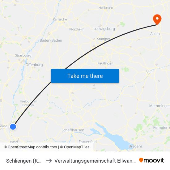 Schliengen (Kernort) to Verwaltungsgemeinschaft Ellwangen (Jagst) map