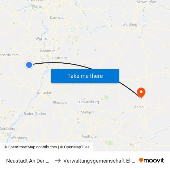 Neustadt An Der Weinstraße to Verwaltungsgemeinschaft Ellwangen (Jagst) map