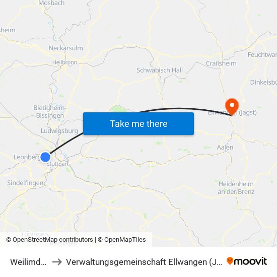Weilimdorf to Verwaltungsgemeinschaft Ellwangen (Jagst) map