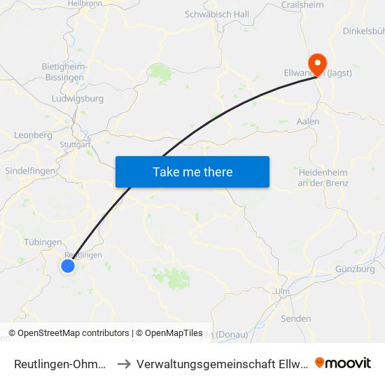 Reutlingen-Ohmenhausen to Verwaltungsgemeinschaft Ellwangen (Jagst) map
