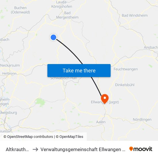 Altkrautheim to Verwaltungsgemeinschaft Ellwangen (Jagst) map