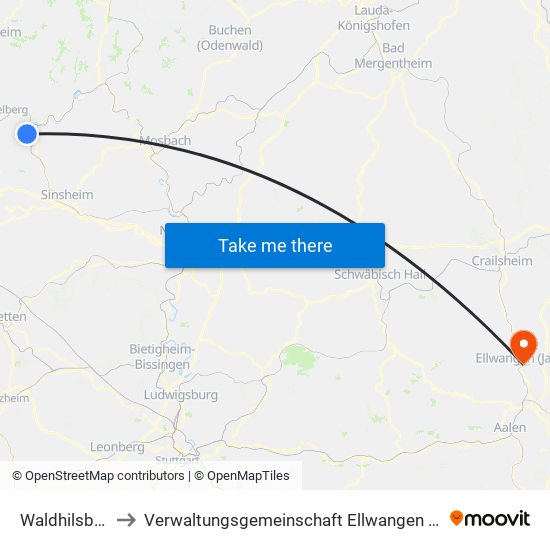 Waldhilsbach to Verwaltungsgemeinschaft Ellwangen (Jagst) map