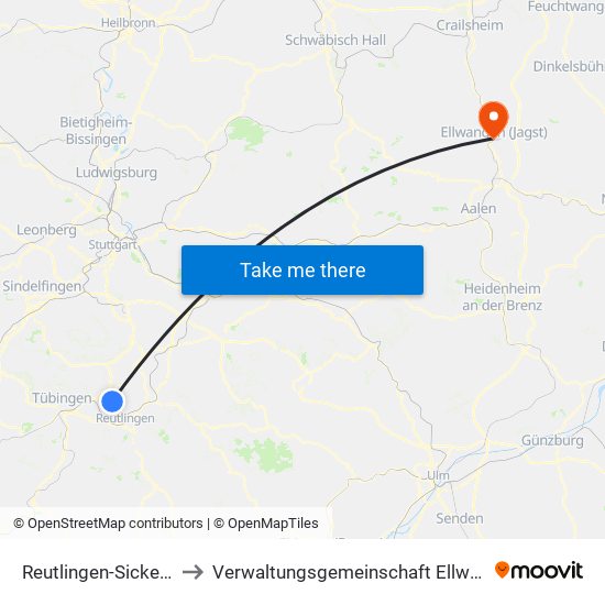 Reutlingen-Sickenhausen to Verwaltungsgemeinschaft Ellwangen (Jagst) map
