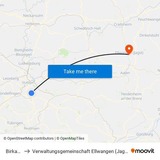 Birkach to Verwaltungsgemeinschaft Ellwangen (Jagst) map