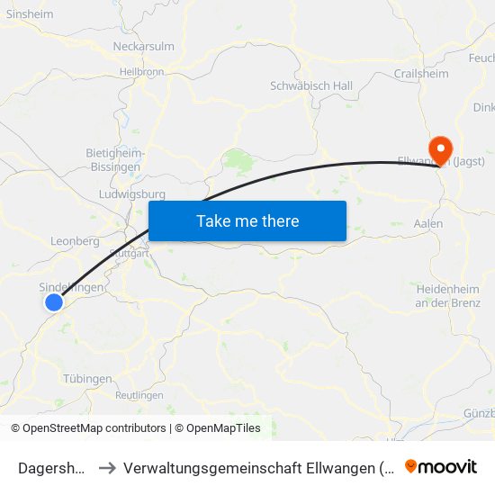 Dagersheim to Verwaltungsgemeinschaft Ellwangen (Jagst) map