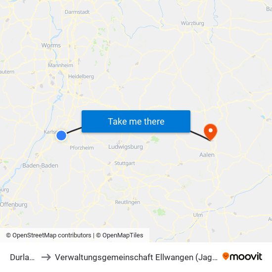 Durlach to Verwaltungsgemeinschaft Ellwangen (Jagst) map
