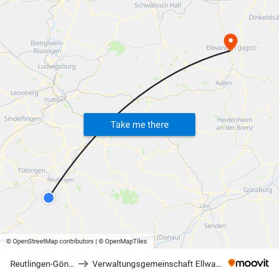 Reutlingen-Gönningen to Verwaltungsgemeinschaft Ellwangen (Jagst) map