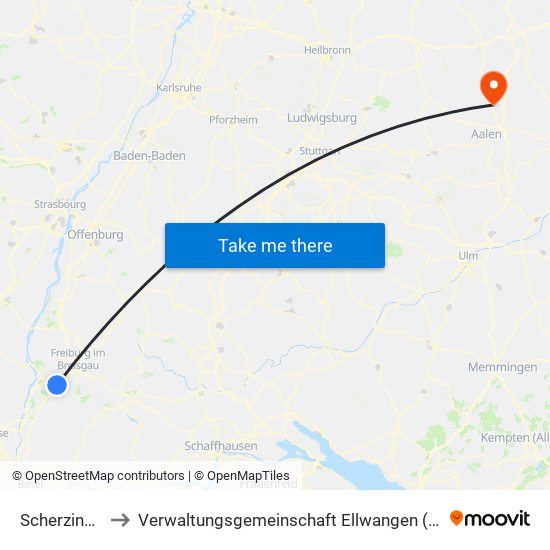 Scherzingen to Verwaltungsgemeinschaft Ellwangen (Jagst) map