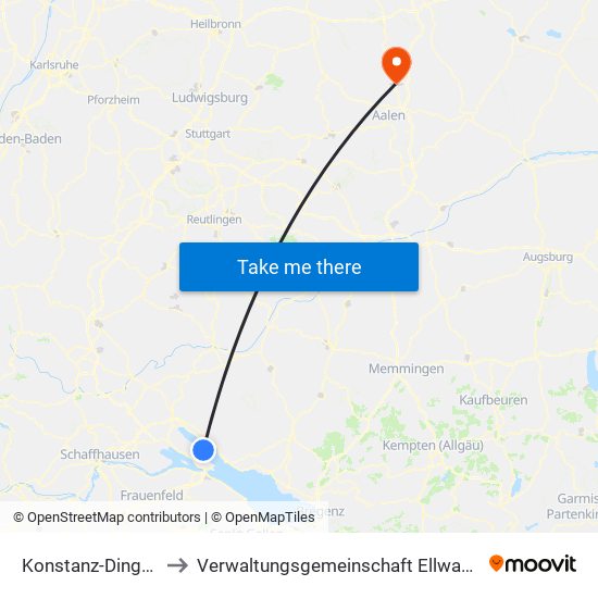 Konstanz-Dingelsdorf to Verwaltungsgemeinschaft Ellwangen (Jagst) map