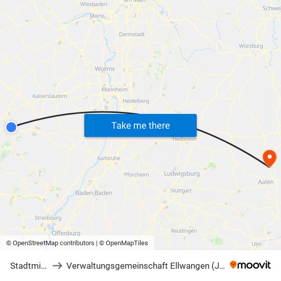 Stadtmitte to Verwaltungsgemeinschaft Ellwangen (Jagst) map