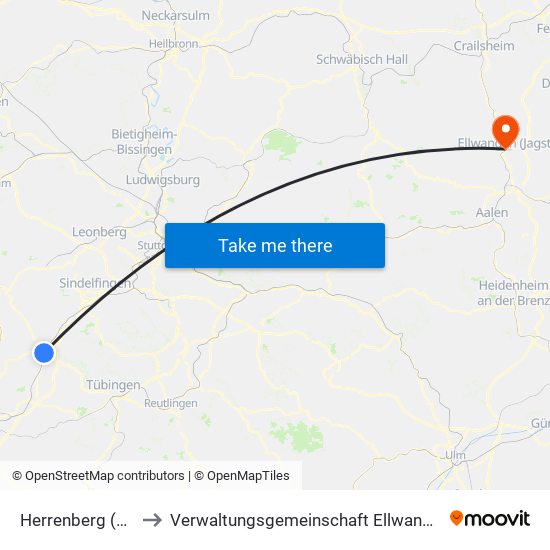 Herrenberg (Stadt) to Verwaltungsgemeinschaft Ellwangen (Jagst) map