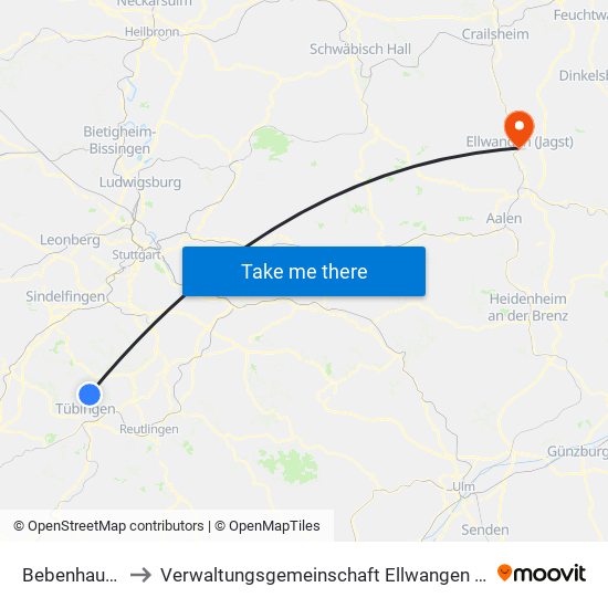 Bebenhausen to Verwaltungsgemeinschaft Ellwangen (Jagst) map