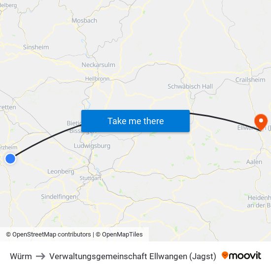 Würm to Verwaltungsgemeinschaft Ellwangen (Jagst) map