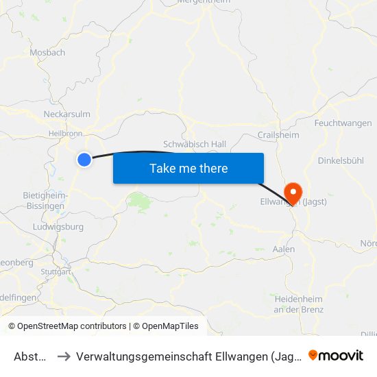 Abstatt to Verwaltungsgemeinschaft Ellwangen (Jagst) map