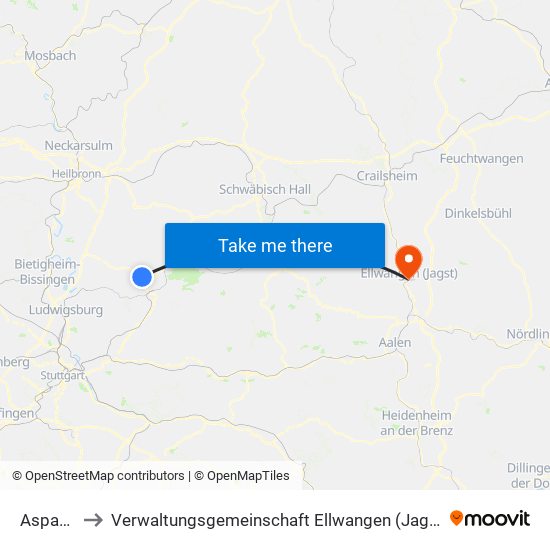 Aspach to Verwaltungsgemeinschaft Ellwangen (Jagst) map