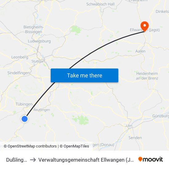 Dußlingen to Verwaltungsgemeinschaft Ellwangen (Jagst) map