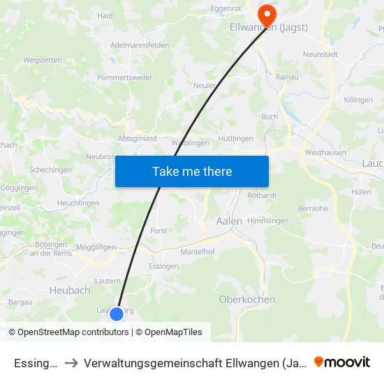 Essingen to Verwaltungsgemeinschaft Ellwangen (Jagst) map