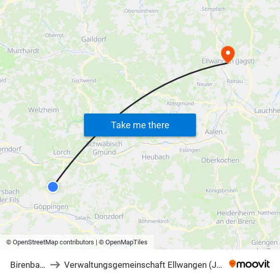 Birenbach to Verwaltungsgemeinschaft Ellwangen (Jagst) map