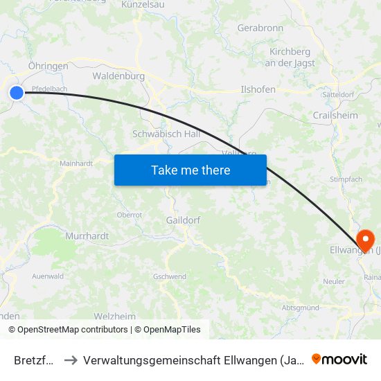 Bretzfeld to Verwaltungsgemeinschaft Ellwangen (Jagst) map