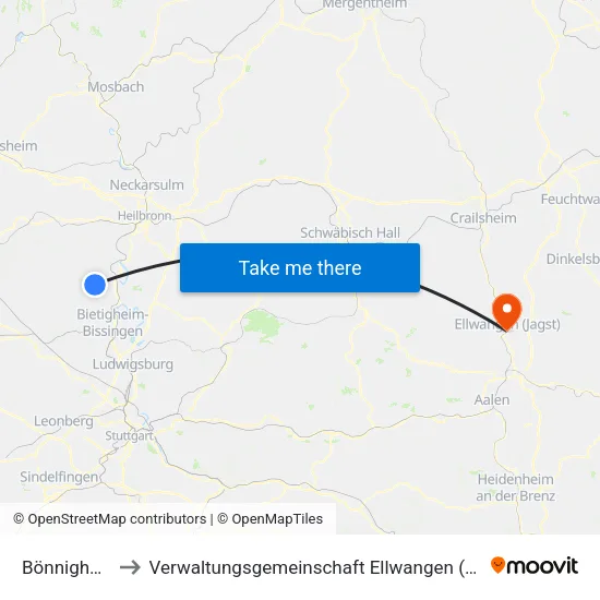 Bönnigheim to Verwaltungsgemeinschaft Ellwangen (Jagst) map
