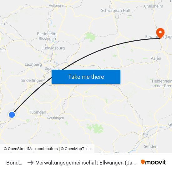 Bondorf to Verwaltungsgemeinschaft Ellwangen (Jagst) map