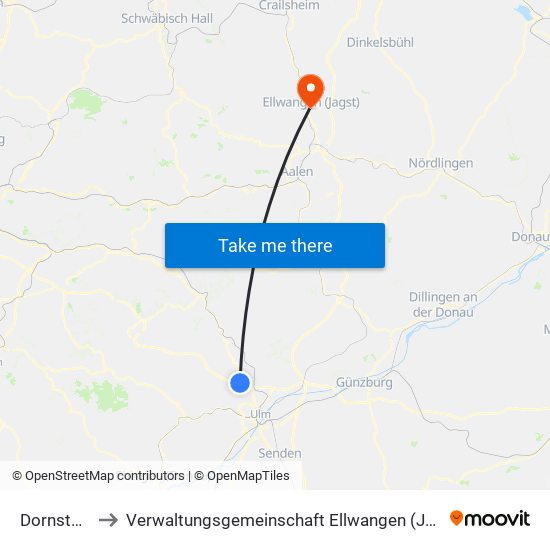 Dornstadt to Verwaltungsgemeinschaft Ellwangen (Jagst) map