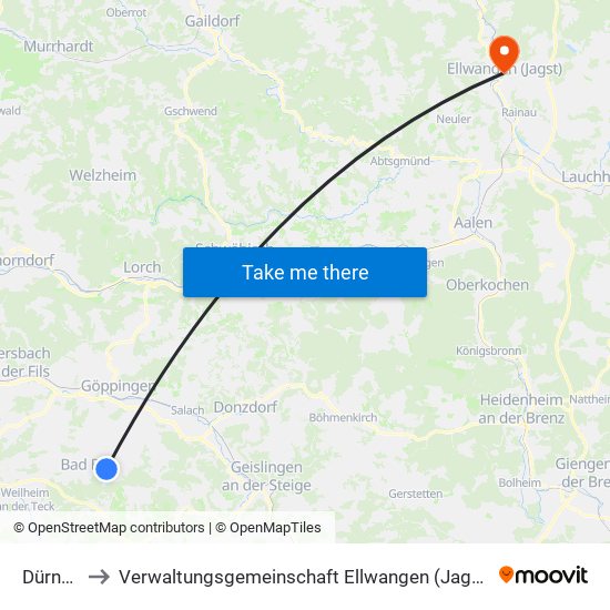 Dürnau to Verwaltungsgemeinschaft Ellwangen (Jagst) map