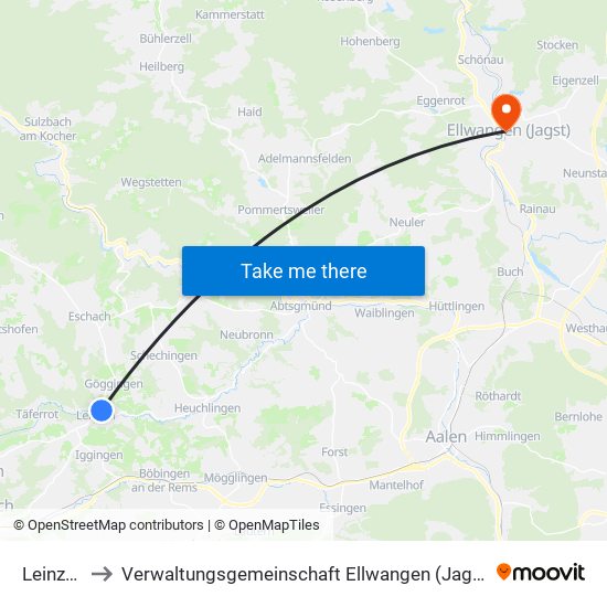 Leinzell to Verwaltungsgemeinschaft Ellwangen (Jagst) map