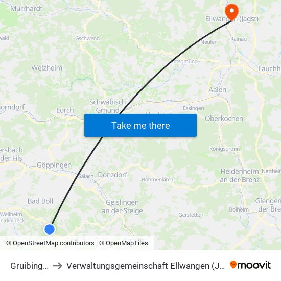 Gruibingen to Verwaltungsgemeinschaft Ellwangen (Jagst) map