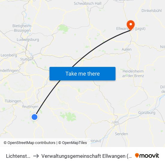 Lichtenstein to Verwaltungsgemeinschaft Ellwangen (Jagst) map