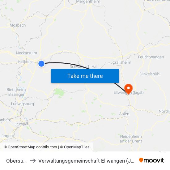 Obersulm to Verwaltungsgemeinschaft Ellwangen (Jagst) map