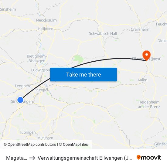 Magstadt to Verwaltungsgemeinschaft Ellwangen (Jagst) map