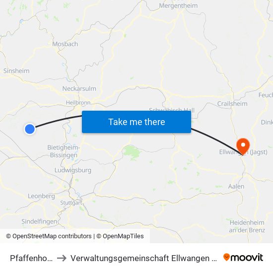 Pfaffenhofen to Verwaltungsgemeinschaft Ellwangen (Jagst) map