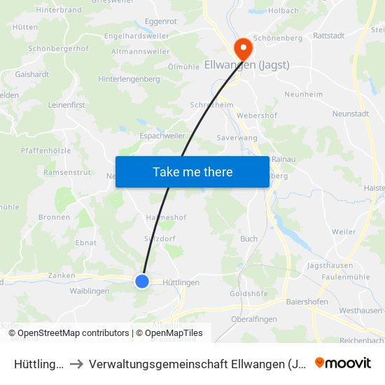 Hüttlingen to Verwaltungsgemeinschaft Ellwangen (Jagst) map