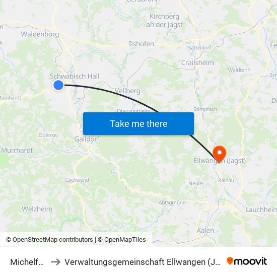 Michelfeld to Verwaltungsgemeinschaft Ellwangen (Jagst) map