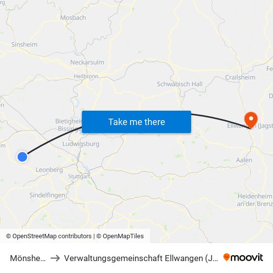 Mönsheim to Verwaltungsgemeinschaft Ellwangen (Jagst) map