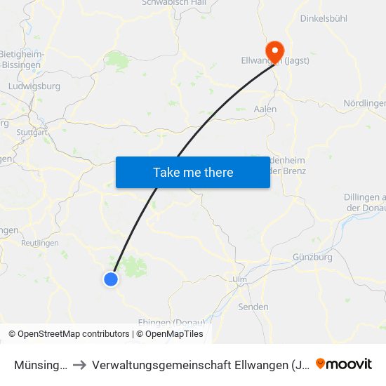 Münsingen to Verwaltungsgemeinschaft Ellwangen (Jagst) map