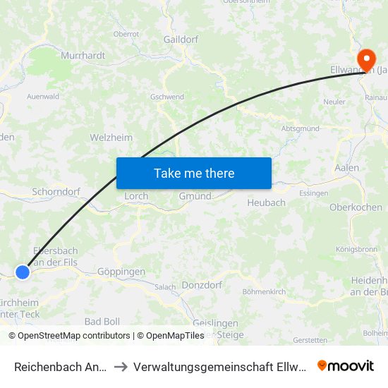 Reichenbach An Der Fils to Verwaltungsgemeinschaft Ellwangen (Jagst) map